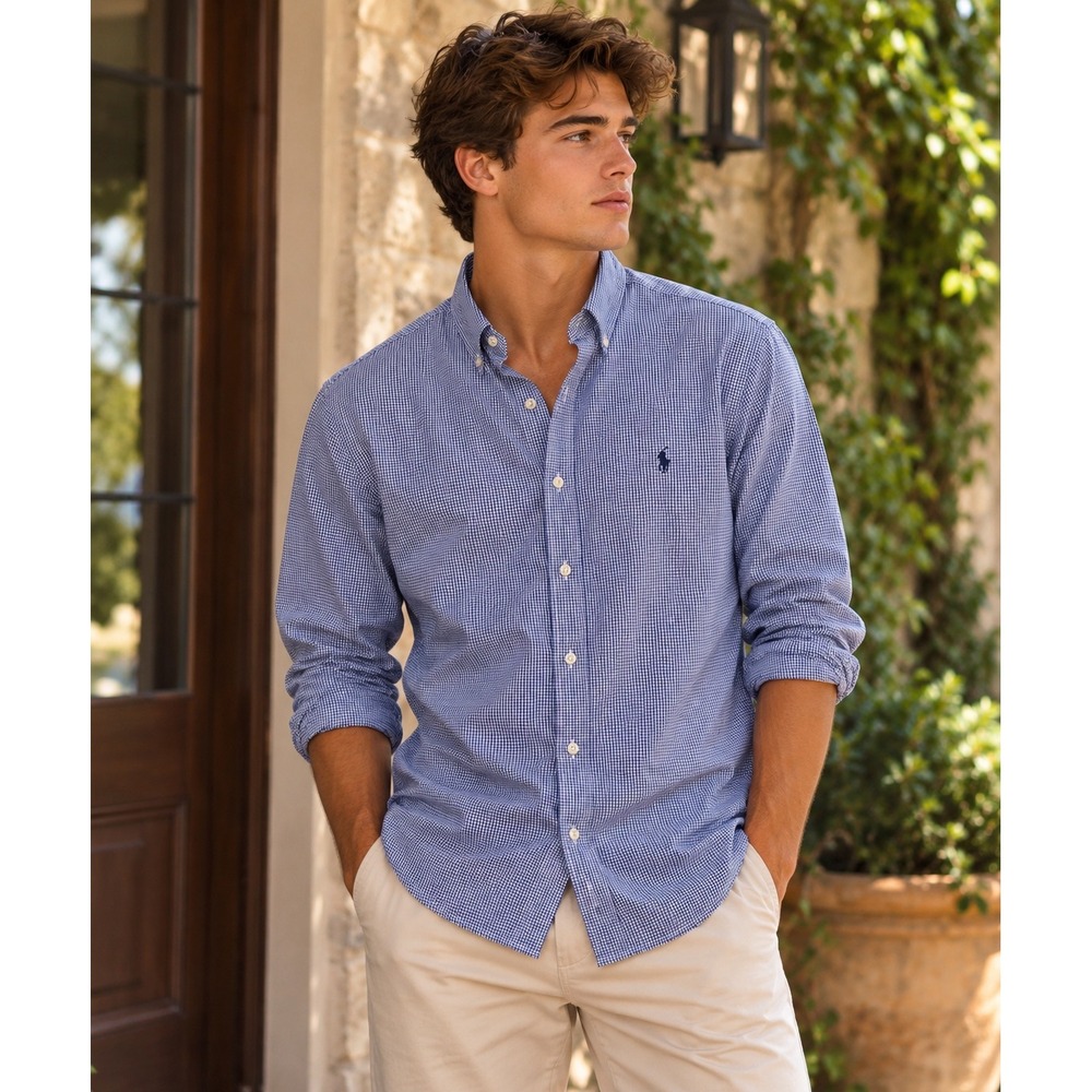 Ralph Lauren Shirt Classic Fit Gingham Blue White Button Down Size 16.5 32/33